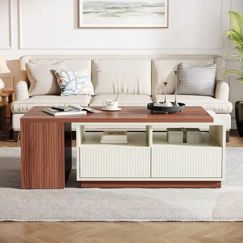 Vista 6 de Tribesigns Mesa auxiliar extensible con 2 cajones de almacenamiento, mesa reversible para sala de estar con estantes y parte superior ajustable