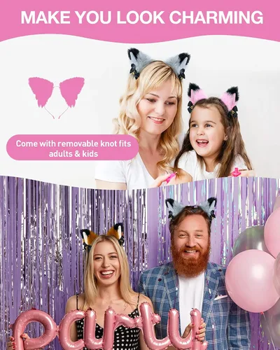 Vista 2 de CEDAR BRIGHT Fox Cat Ears Anime Cosplay - Diadema de lobo de animales, diadema de Halloween, accesorios de disfraz con campanas (gris)
