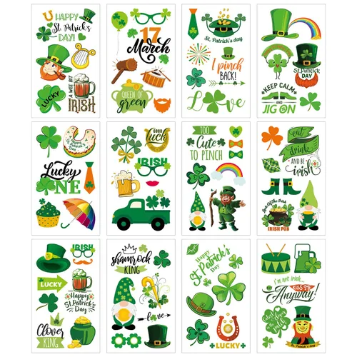 Vista 3 de 80 piezas de accesorios de decoración de tatuajes del día de San Patricio, 12 hojas de calcomanías temporales de tatuaje de trébol para niños
