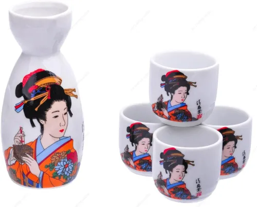 Vista 3 de M.V. Trading MSST37V - Juego de sake de cerámica con diseño de Gerisha, botella de 6 onzas / tazas de 2 onzas