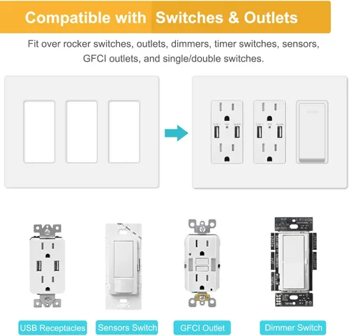 Vista 2 de Cubierta de placa de pared sin tornillos de 3 segmentos, cubierta de salida decorativa para interruptores de luz, atenuadores, GFCI, receptáculo