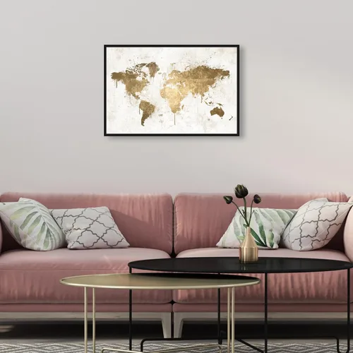 Vista 3 de Mapamundi White Gold Mapamundi - Lienzo decorativo para pared, diseño de mapas y banderas