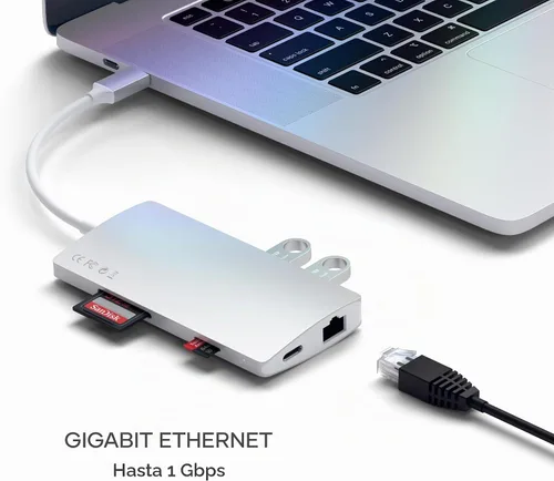Vista 3 de Satechi Adaptador multipuerto USB C Hub 8 en 1 V2, 4K HDMI, carga USB C PD de 115 W, 3 USB-A, Ethernet, lectores de tarjetas Micro/SD, para laptop