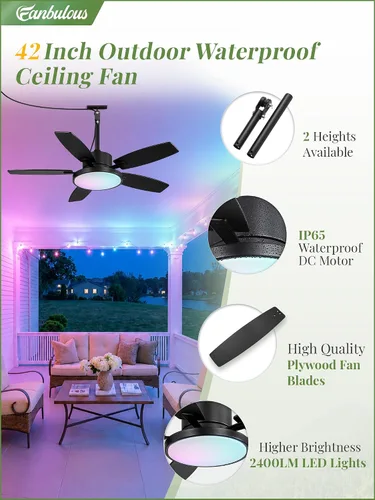 Vista 3 de Ventilador de techo al aire libre de 42" con luz remota IP65 impermeable ventilador de techo RGB