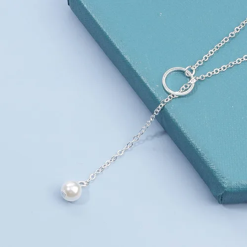 Vista 6 de Yheakne Collar de perlas Boho con forma de círculo de plata y perlas y collar minimalista y Lariat para mujeres y adolescentes plata