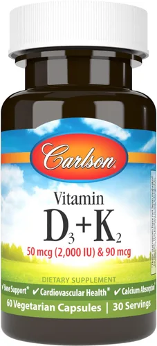 Vista 10 de Carlson Vitamina D3 + K2, 50 mcg (2000 UI), soporte óseo, 30 cápsulas