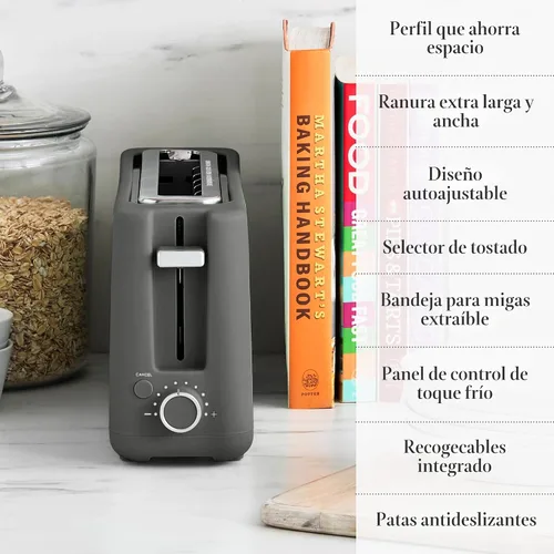 Vista 10 de Martha Stewart Tostadora de ranura larga de 2 rebanadas, extra ancha, gris Caviar Gris