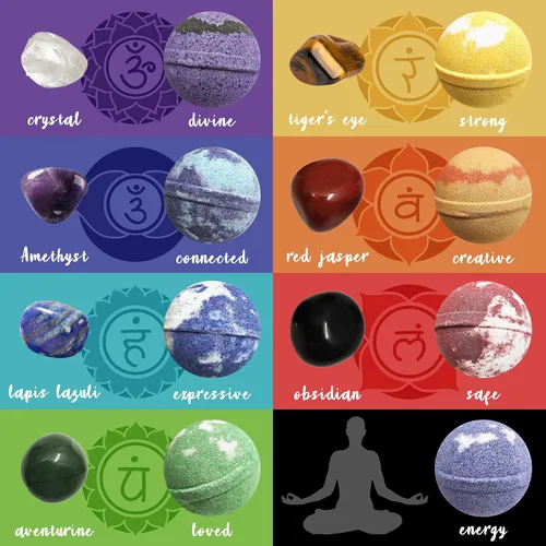 Vista 3 de Bombas de baño con piedras preciosas curativas de chakras. 15 bombas de baño de aceites esenciales. Bombas de baño con piedras de chakra reales