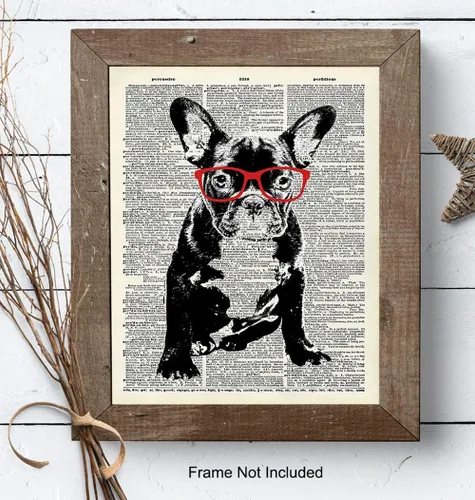 Vista 8 de Bulldog francés con gafas rojas, impresión artística de diccionario, impresión fotográfica de 8 x 10 pulgadas, decoración genial para el hogar