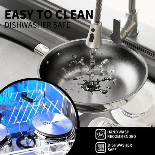 Vista 6 de Juego de ollas y sartenes antiadherentes, de acero inoxidable de 5 capas con base de utensilios de cocina, sartenes, se calienta rápidamente