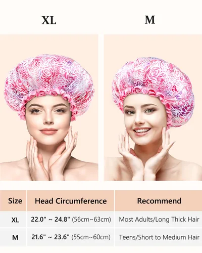 Vista 2 de mikimini Gorro de ducha grande para mujer, cabello largo, 1 paquete, diseño romántico de pétalos, doble capa impermeable, reutilizable, lavable