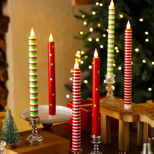 Vista 10 de Baquler 6 velas cónicas sin llama de Navidad de 10.6 pulgadas con temática de elfo, velas LED de Navidad que funcionan con pilas, candelabros