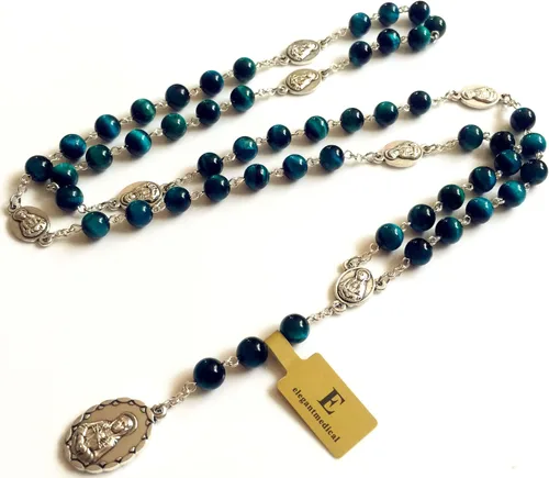 Vista 4 de elegantmedical Hecho a mano Rara Pavo Real BuleTiger Eye Jade Cuentas Siete 7 PELÍCULAS MARÍA MEDALLA Rosario Collar Regalos Católicos, Vidrio