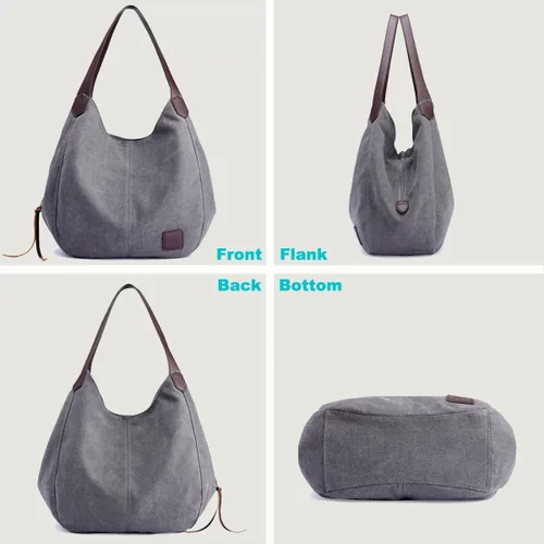 Vista 5 de DOURR Bolso de hombro con múltiples bolsillos para mujer bolso de lona de algodón a la moda