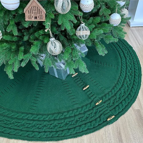Vista 9 de 36-Inch Cable Sweater Knit Christmas Tree Skirt with Wooden Toggles, Burgundy