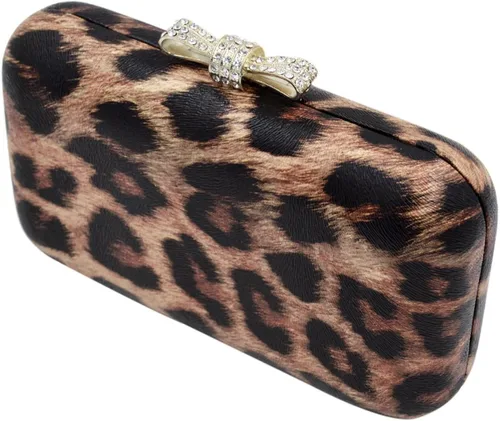 Vista 2 de Elegante leopardo PU cuero Crystal Bow Top duro embrague bolso de noche