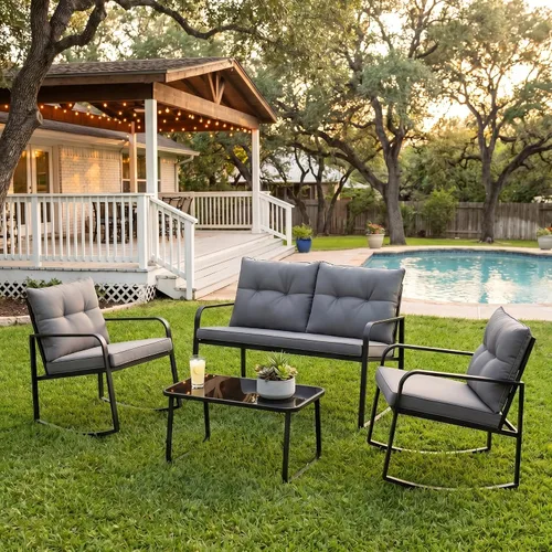 Vista 12 de Gizoon, Juego de 3 piezas de sillas mecedoras estilo bistró, muebles de patio de acero negro, juego de sillas para el porche con mesa de café