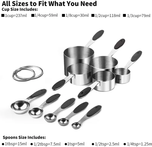 Vista 2 de U-Taste Juego de tazas y cucharas medidoras de acero inoxidable 18/8 y juego de pinzas de cocina de alta resistencia al calor de 600ºF (negro)