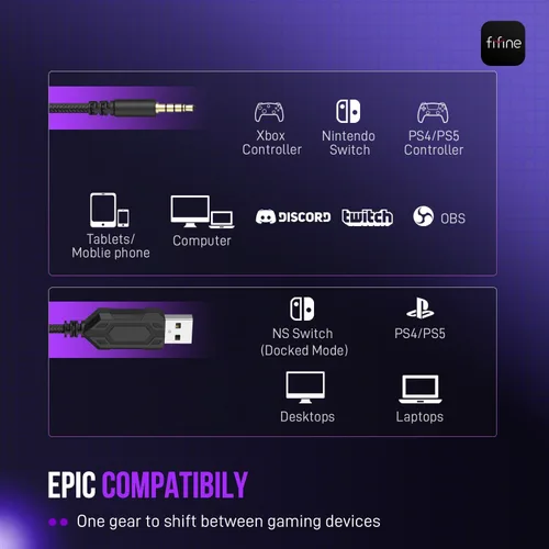 Vista 4 de FIFINE Auriculares para juegos con cable, auriculares USB con sonido envolvente 7.1, micrófono desmontable, caja de control, conector de auriculares