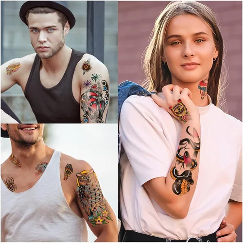 Vista 5 de Yazhiji 77 hojas de tatuajes falsos impermeables para hombres o mujeres, 17 hojas más grandes, mitad brazo, búho, peonía, mariposa, serpiente