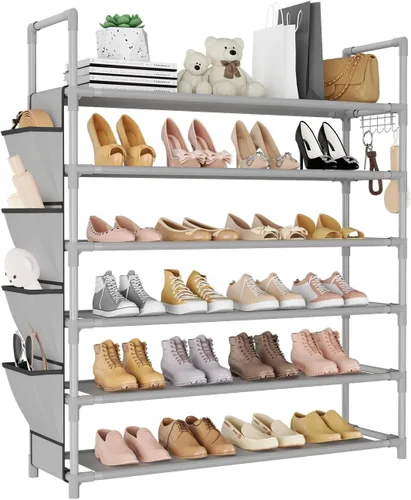 Vista 9 de LANTEFUL - Organizador de zapatos de 6 niveles, organizador de almacenamiento para 24-30 pares de zapatos y botas, estante de zapatos largo
