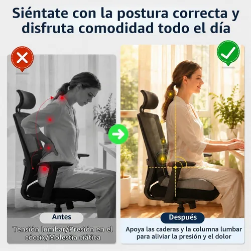 Vista 5 de lazyzzz Cojín para silla de oficina, cojín de espuma viscoelástica con soporte lumbar y correa ajustable, cojín ortopédico ergonómico para asiento