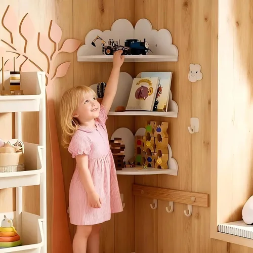 Vista 7 de Cloud - Juego de 3 estantes de pared para colgar en la esquina, estante para libros de guardería, diseño festoneado, hoja segura y no tóxica, fondo