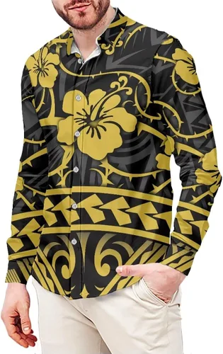 Vista 8 de Camisas polinesias para hombre con patrones de hojas tropicales polinesias, camisa hawaiana de manga larga para hombre, ropa de vacaciones de otoño