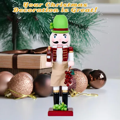 Vista 3 de Chef Bartender Cascanueces Decoraciones Navideñas - Figuras de Madera Hechas a Mano de 15 Pulgadas con Botella de Cerveza Copa de Vino Uva Temática