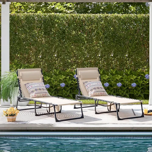 Vista 2 de Flamaker Silla de Tumbona Plegable Ajustable en 5 Posiciones, Silla para Tomar el Sol con Bolsillo Lateral, Silla de Bronceado al Aire Libre