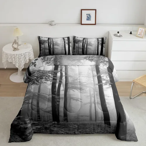 Vista 16 de Erosebridal Juego de ropa de cama con inserto de edredón de árbol brumoso para temporada de otoño, juego de edredón místico con niebla y naturaleza