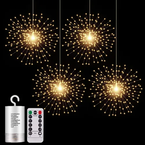 Vista 7 de PXBNIUYA 200 luces LED de esfera colgantes, luces de estallido estelar a pilas, 8 modos de control remoto regulable, alambre de cobre impermeable