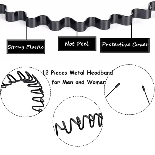 Vista 5 de BOYIVI 12 diademas de metal para hombres y mujeres, unisex, ajustables, negras, onduladas, antideslizantes, para primavera y verano, para el hogar