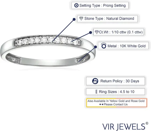 Vista 3 de Alianza de boda de diamante de 1/10 quilates para mujer, anillo de boda de oro blanco de 10 quilates con 10 piedras y juego de puntas, tamaño 4.5-10