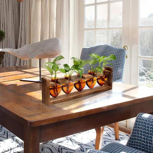Vista 5 de Estaciones de propagación colgantes de terrario para plantas, regalo para mujeres, soporte para plantas de aire con soporte de madera, cristal
