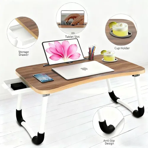 Vista 7 de Fayquaze - Escritorio portátil plegable para cama con cajón de almacenamiento y portavasos - Escritorio de regazo para portátil, soporte y bandeja