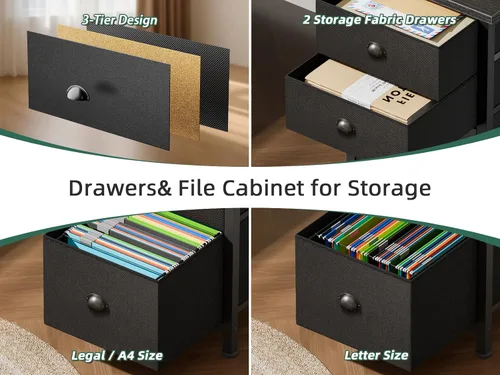 Vista 7 de Furologee 63" L Shaped Computer Desk with Power Outlet & USB-C Port, Reversible Home Office Desk with 2 Fabric Drawers, File Cabinet, Hooks, Large