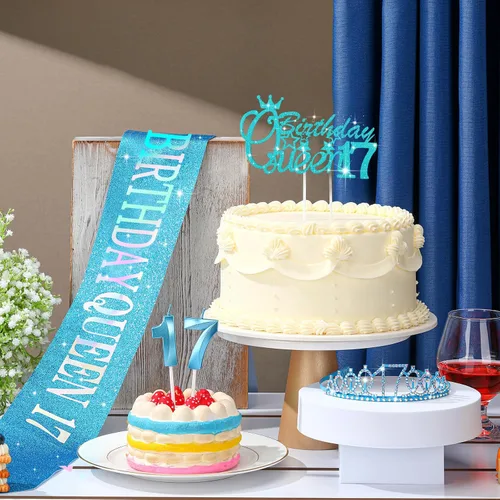 Vista 5 de Crowye Decoraciones de cumpleaños número 17, corona de tiara de 17 años, banda, decoración para tartas, velas, suministros para fiestas, regalos Azul
