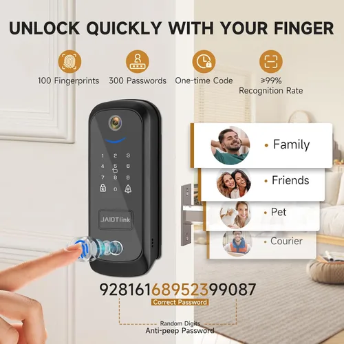 Vista 4 de JAIOTlink Cerradura inteligente 5 en 1 para puerta delantera, cerrojo de entrada sin llave con cámara y timbre, cerradura electrónica segura WiFi