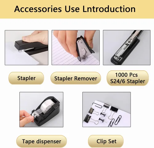 Vista 2 de Suministros de oficina, accesorios de escritorio negros, juego de suministros de oficina, juego de grapadora y dispensador de cinta, tijeras