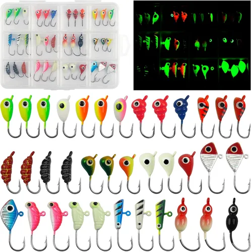 Vista 9 de Ice Fishing Jigs Lures kit, Luminous Ice Fishing Gear Crappie Panfish Jigs Head Fishing Hooks Set for Winter Ice Jigging Walleye Perch Bluegill