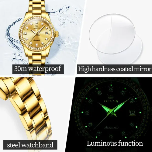 Vista 6 de OLEVS Reloj automático para mujer, de lujo, con diamantes de lujo, cuerda automática, impermeable, fecha luminosa