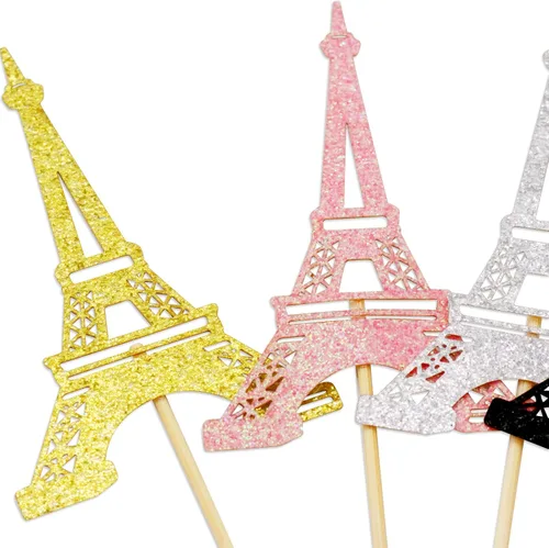 Vista 3 de 24 adornos para cupcakes de la Torre Eiffel, purpurina de doble cara Decoración para tartas de París, decoraciones de fiesta temática de París