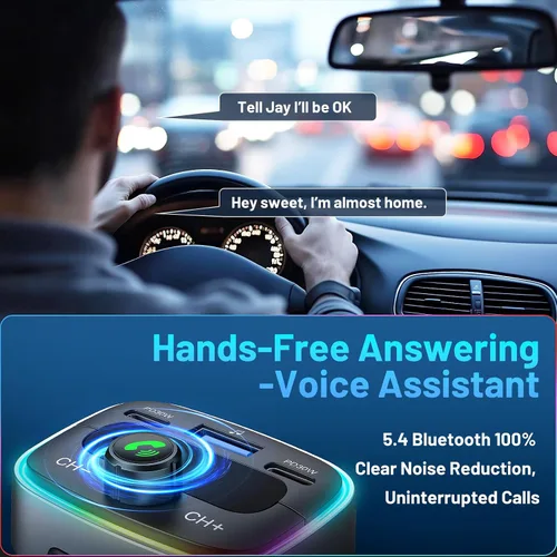 Vista 5 de Adaptador Bluetooth 5.4 de 60 W de carga USB Bluetooth adaptador para coche, radio transmisor FM inalámbrico, llamadas manos libres y receptor