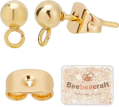 Vista 10 de Beebeecraft 100 piezas de 2 colores, componentes para aretes de bola con perno, chapados en oro de 24K y plata de ley 925, acero inoxidable 304