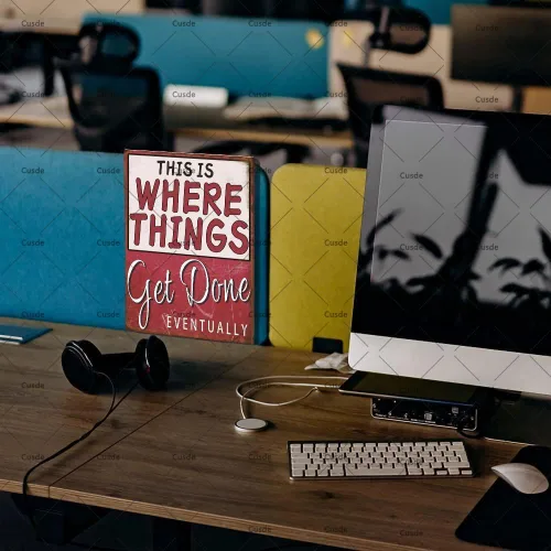 Vista 5 de Letreros de garaje con texto en inglés "This Is Where Things Get Done Eventually Vintage", decoración retro de garaje para oficina, sala de trabajo