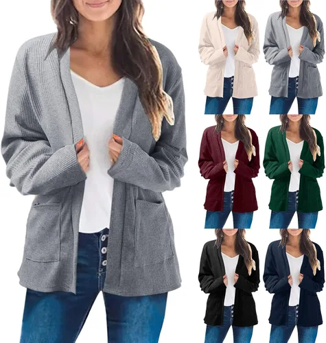 Vista 5 de Cárdigan de manga larga para mujer, ligero, cuello acanalado, suave, cárdigan de punto para mujer, cárdigan pesado