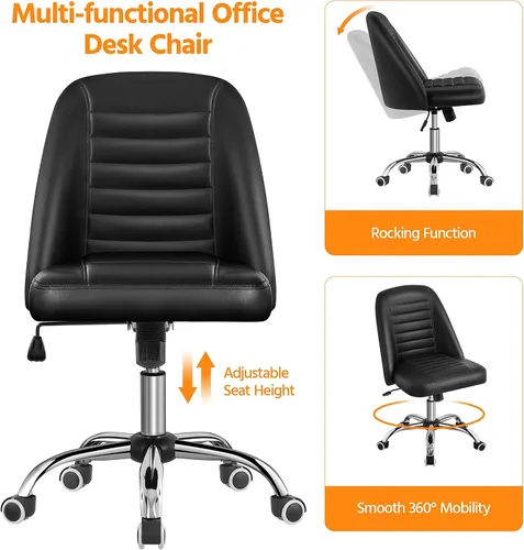 Vista 4 de Yaheetech Silla de escritorio sin brazos de piel sintética negra, giratoria Negro