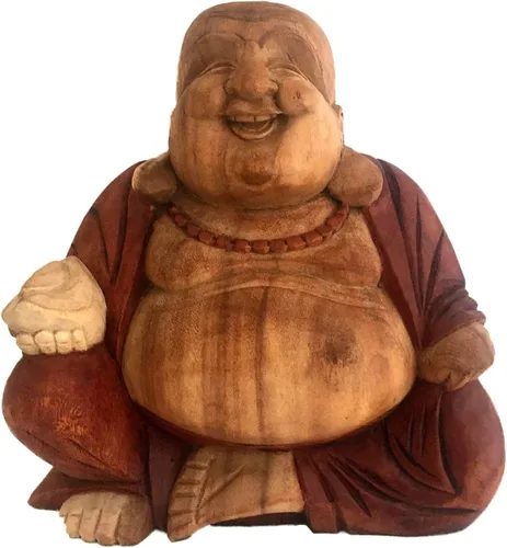 Vista 3 de OMA Happy Sitting Buddha - Estatua de madera tallada en madera, marca de tamaño grande