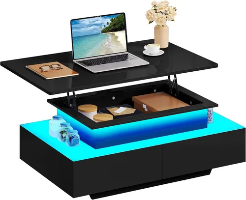 Vista 9 de YITAHOME - Mesa de café LED con almacenamiento, mesas de café LED de alto brillo para sala de estar, mesa de café negra moderna rectangular, mesa